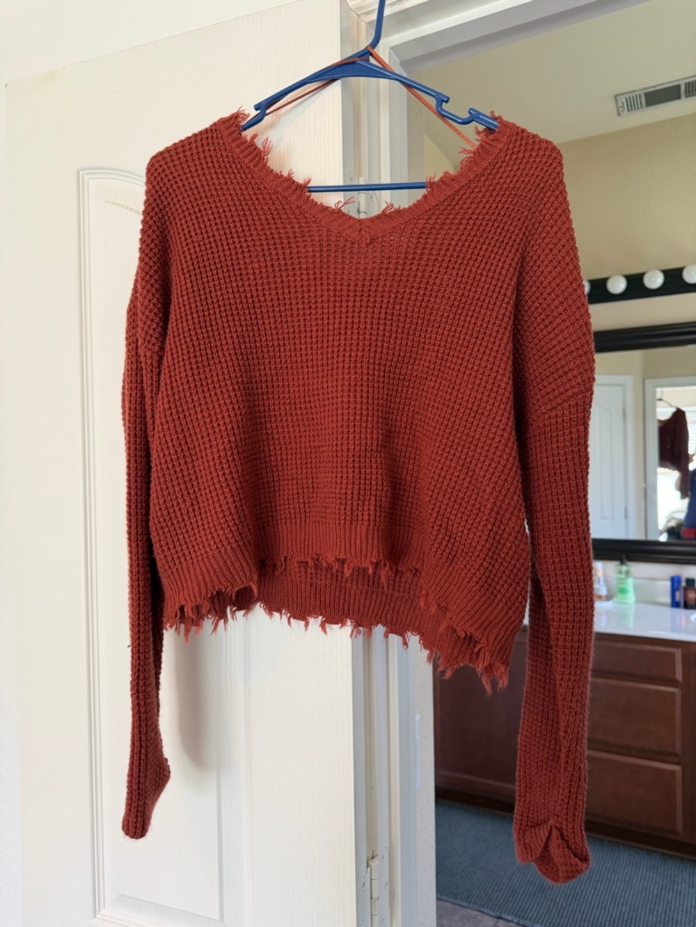 moon & madison Rust Red Distressed V-Neck Waffle Knit Sweater